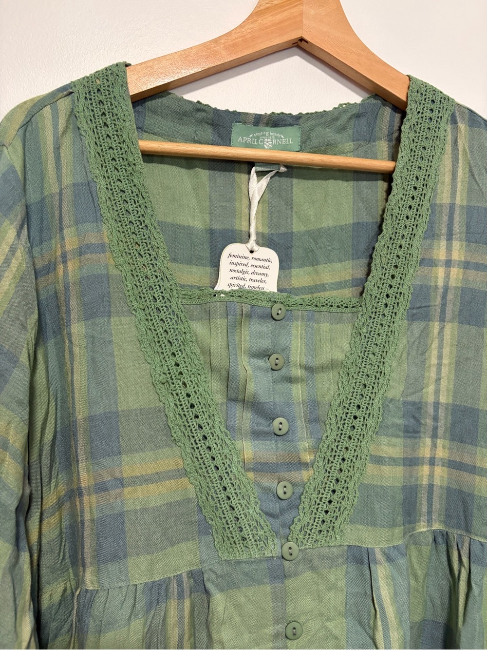 April Cornell Sage River Plaid Cotton Crochet Lace Tunic Boho Cottagecore XL - Picture 2 of 7
